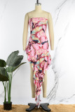 Pink Sexy Print Backless Strapless Irregular Dress Dresses