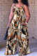 Khaki Casual Street Print Spaghetti Strap Loose Jumpsuits
