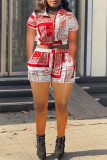 Red Casual Print Patchwork Zipper Collar Short Sleeve Two Pieces