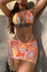 Orange Sexy Print Bandage Backless Swimsuit Three Piece Set (With Paddings)