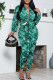 Green Casual Print Frenulum V Neck Long Sleeve Two Pieces