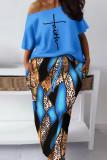 Blue Casual Street Print Patchwork Oblique Collar Short Sleeve Two Pieces