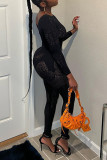 Black Sexy Solid Patchwork See-through O Neck Skinny Jumpsuits