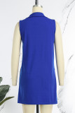 Blue Casual Solid Patchwork Buckle Turn-back Collar Sleeveless Two Pieces