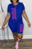 Red Casual Print Letter O Neck Short Sleeve Two Pieces