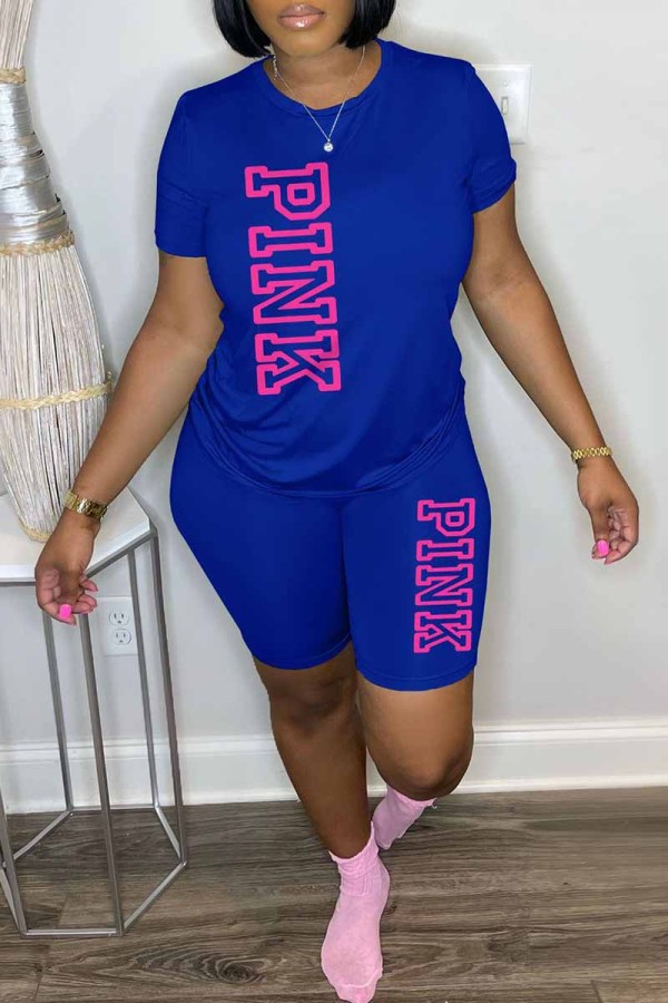 Blue Casual Print Letter O Neck Short Sleeve Two Pieces