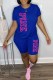 Blue Casual Print Letter O Neck Short Sleeve Two Pieces