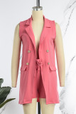 Pink Casual Solid Patchwork Buckle Turn-back Collar Sleeveless Two Pieces
