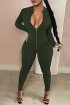 Army Green Sexy Casual Sportswear Solid Zipper Half A Turtleneck Skinny Jumpsuits