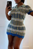 Blue Sexy Solid Hollowed Out Patchwork Turndown Collar One Step Skirt Dresses
