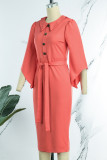 Watermelon Red Elegant Solid Patchwork Turndown Collar One Step Skirt Dresses