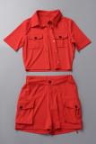Red Casual Solid Patchwork Turndown Collar Short Sleeve Two Pieces