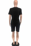 Red Casual Print Letter O Neck Short Sleeve Two Pieces
