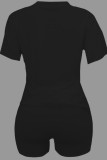 Black Casual Letter Print Basic O Neck Short Sleeve Two Pieces