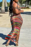 Multicolor Sexy Striped Print Backless Slit U Neck Vest Dress Dresses