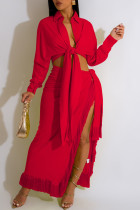 Red Casual Solid Frenulum Slit Turndown Collar Long Sleeve Two Pieces
