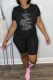 Black Casual Print Letter O Neck Short Sleeve Two Pieces