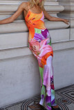 Pink Sexy Print Patchwork Slit Spaghetti Strap Dresses