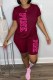 Burgundy Casual Print Letter O Neck Short Sleeve Two Pieces