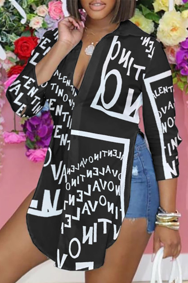 Black And White Casual Work Not Positioning Printed Buckle Asymmetrical Turndown Collar High Waist Tops
