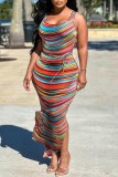Multicolor Sexy Striped Print Backless Slit U Neck Vest Dress Dresses
