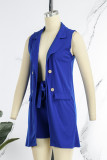 Water Blue Casual Solid Patchwork Buckle Turn-back Collar Sleeveless Two Pieces