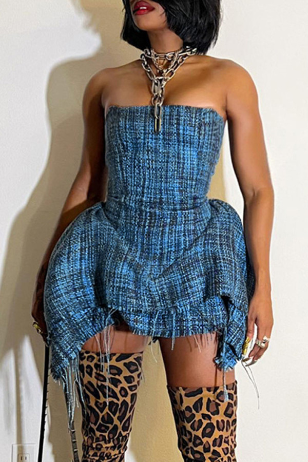 Blue Sexy Street Print Patchwork Asymmetrical Strapless A Line Dresses