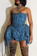 Blue Sexy Street Print Patchwork Asymmetrical Strapless A Line Dresses