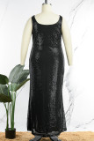 Black Sexy Solid Sequins Patchwork Slit U Neck Vest Dress Dresses
