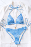 Blue Sexy Tie Dye Bandage Backless Swimwears (With Paddings)