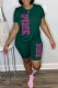 Green Casual Print Letter O Neck Short Sleeve Two Pieces