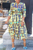 Pink Casual Print Patchwork Buckle Mandarin Collar A Line Dresses