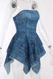 Blue Sexy Street Print Patchwork Asymmetrical Strapless A Line Dresses