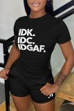Black Casual Letter Print Basic O Neck Short Sleeve Two Pieces