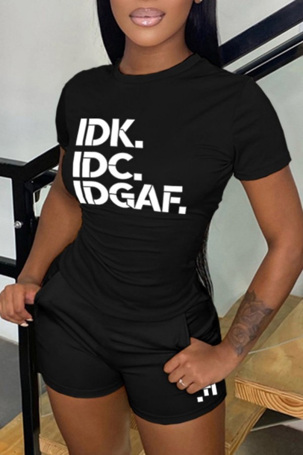 Black Casual Letter Print Basic O Neck Short Sleeve Two Pieces