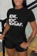 Black Casual Letter Print Basic O Neck Short Sleeve Two Pieces