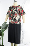 Khaki Casual Daily Print Basic Off the Shoulder Plus Size Two Pieces