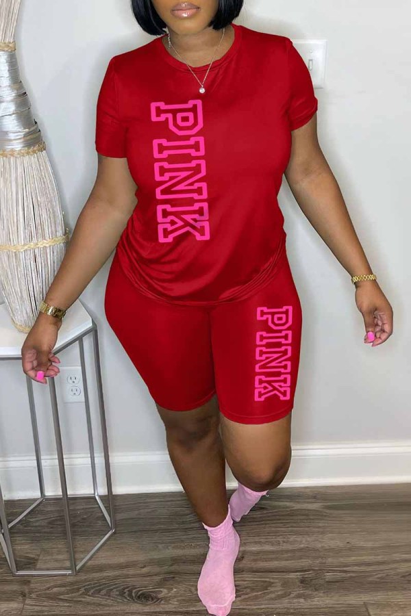 Red Casual Print Letter O Neck Short Sleeve Two Pieces