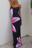 Pink Sexy Print Patchwork Spaghetti Strap One Step Skirt Dresses