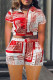 Red Casual Print Patchwork Zipper Collar Short Sleeve Two Pieces