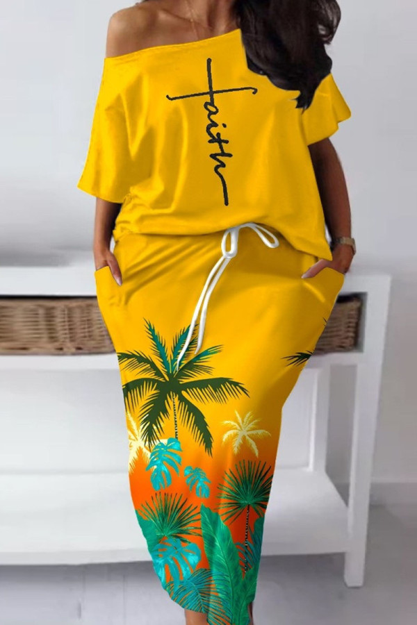 Mustard Yellow Casual Street Print Patchwork Oblique Collar Short Sleeve Two Pieces
