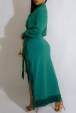 Green Casual Solid Frenulum Slit Turndown Collar Long Sleeve Two Pieces
