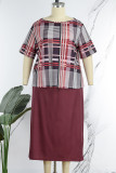 Burgundy Casual Daily Print Basic Off the Shoulder Plus Size Two Pieces