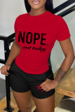 Red Casual Letter Print Basic O Neck Short Sleeve Two Pieces