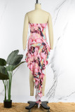 Pink Sexy Print Backless Strapless Irregular Dress Dresses