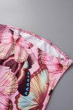Pink Sexy Print Backless Strapless Irregular Dress Dresses