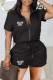 Black Casual Letter Print Basic Zipper Collar Short Sleeve Two Pieces