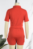 Red Casual Solid Patchwork Turndown Collar Short Sleeve Two Pieces