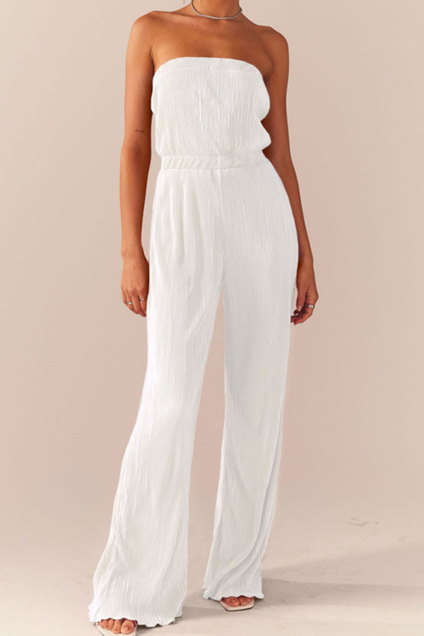 White Sexy Solid Patchwork Fold Strapless Straight Jumpsuits