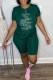 Green Casual Print Letter O Neck Short Sleeve Two Pieces